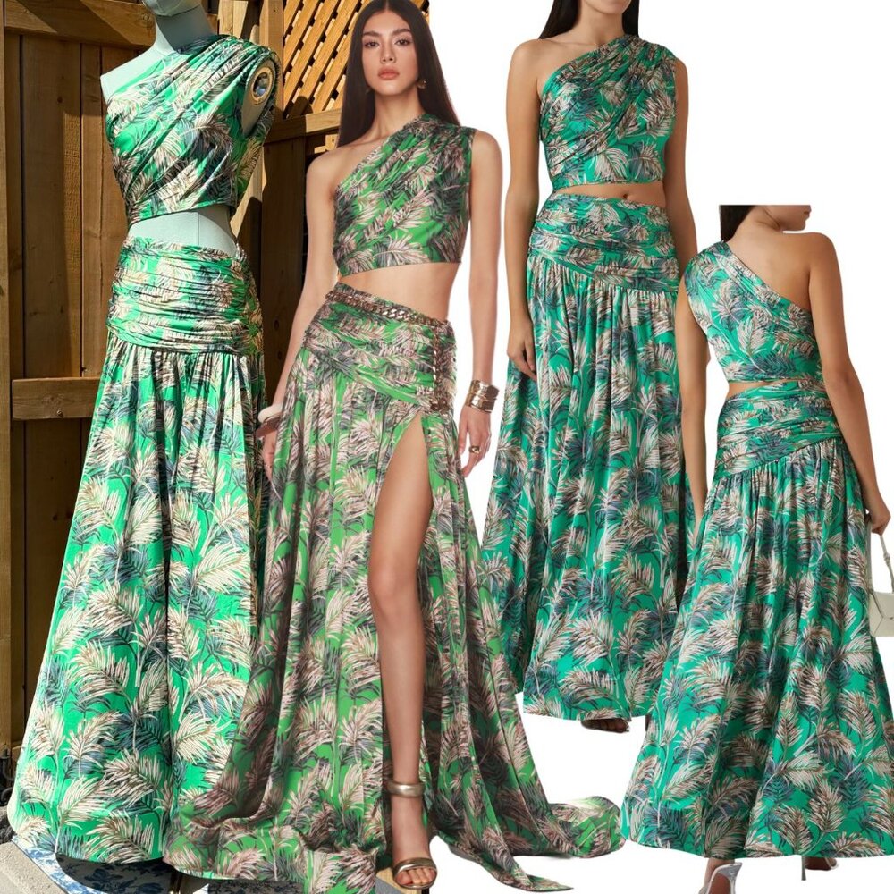 Bronx and Banco Green Tropical One-Shoulder Maxi Skirt Set